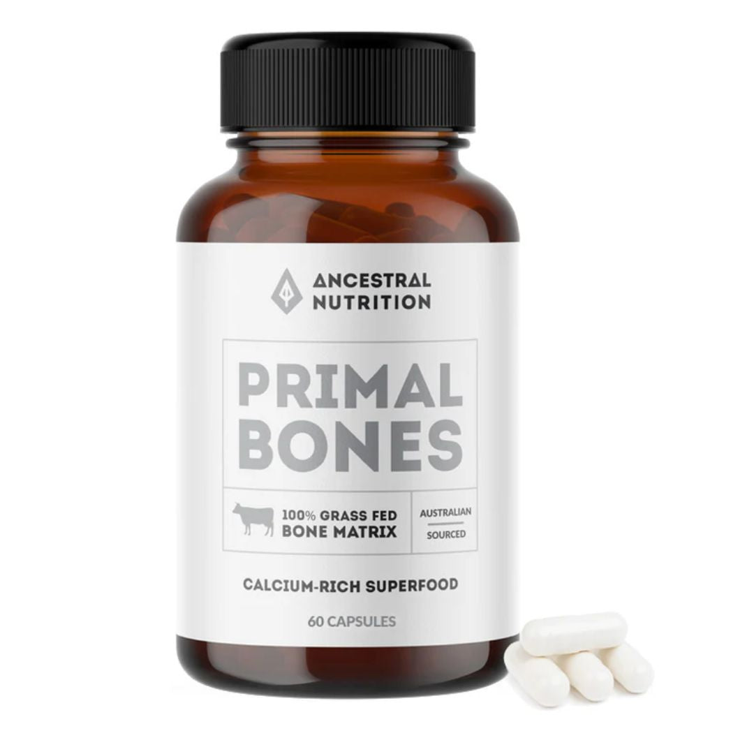 Primal Bones grass-fed bone matrix capsules MCHA calcium supplement from Tasmanian cattle whole food mineral complex Nutrition Capital Australia product image