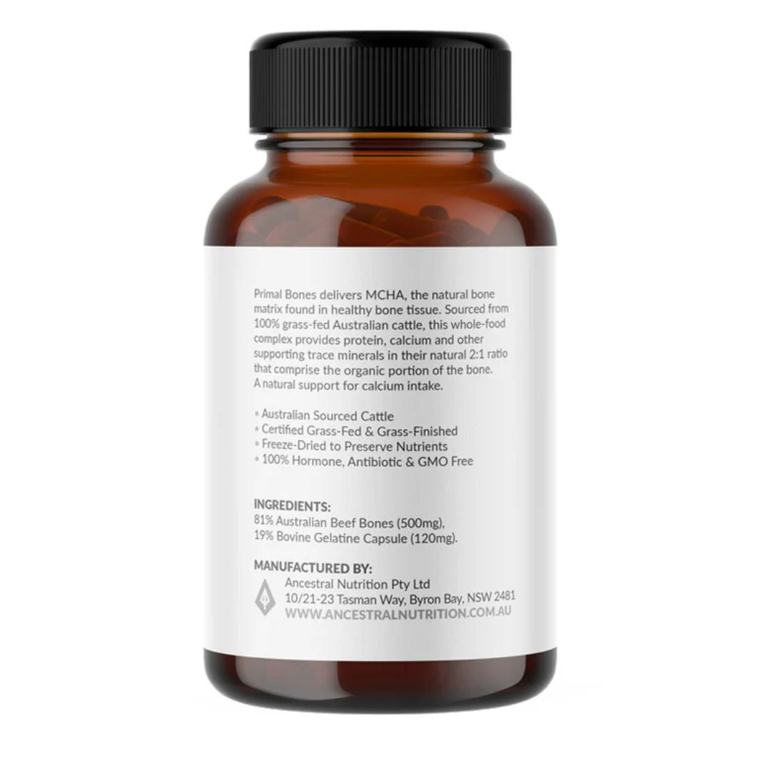 Primal Bones grass-fed bone matrix capsules MCHA calcium supplement from Tasmanian cattle whole food mineral complex Nutrition Capital Australia product image