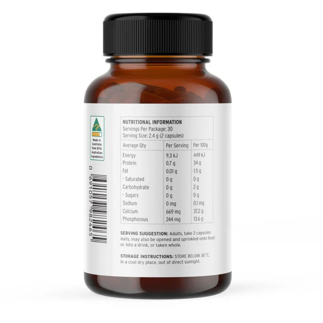 Primal Bones grass-fed bone matrix capsules MCHA calcium supplement from Tasmanian cattle whole food mineral complex Nutrition Capital Australia product image