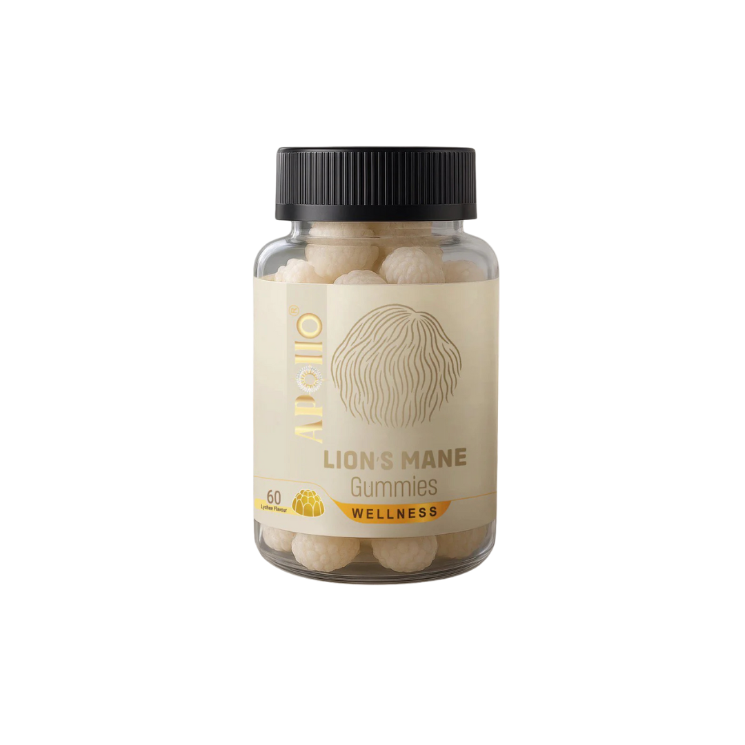 Apollo Nutraceuticals Lion’s Mane Gummies – 500 mg mushroom nootropic supplement, lychee flavour, focus and clarity support, available at Nutrition Capital Australia