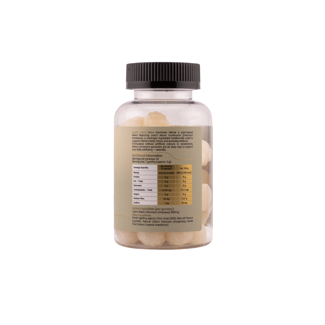 Apollo Nutraceuticals Lion’s Mane Gummies – 500 mg mushroom nootropic supplement, lychee flavour, focus and clarity support, available at Nutrition Capital Australia