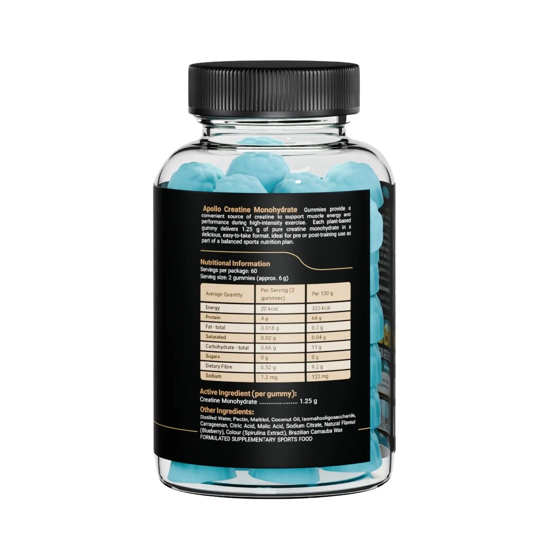 Apollo Creatine Monohydrate Gummies 120 pack blueberry flavour for muscle strength energy performance supplement Australia