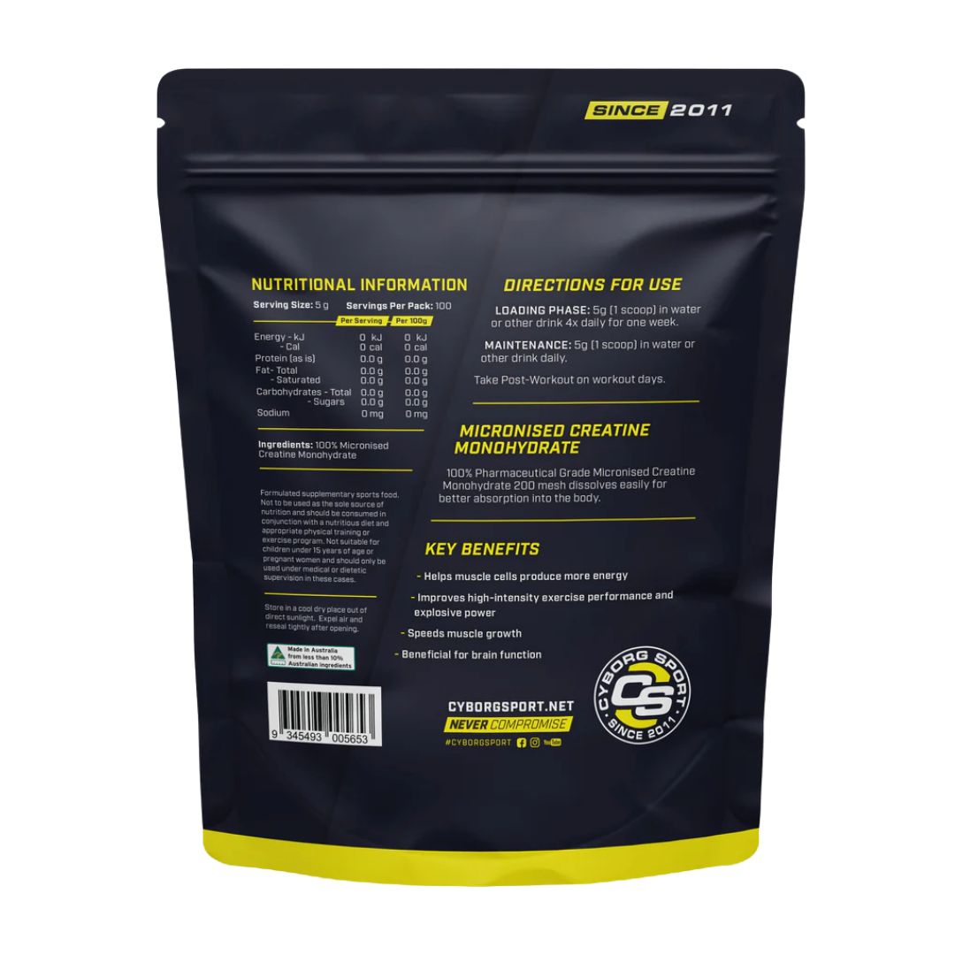 Cyborg Sport Micronised Creatine Monohydrate powder – pure creatine supplement for strength, muscle growth, and recovery, available at Nutrition Capital.