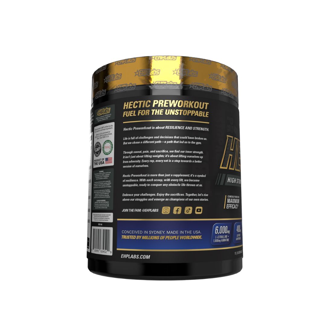 EHP Labs HECTIC pre-workout supplement tub showing high-stimulant formula for energy, focus and pumps, available from Nutrition Capital Australia.