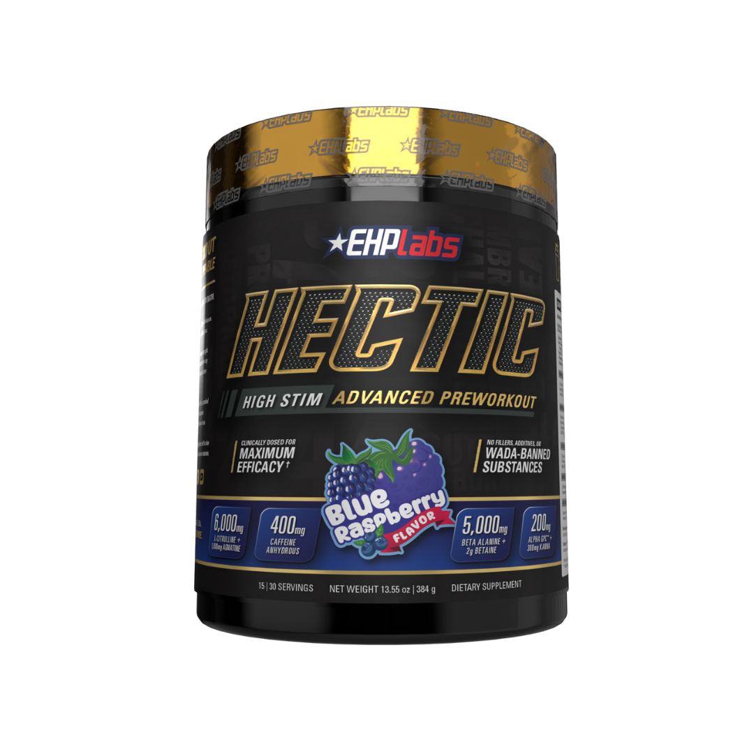 EHP Labs HECTIC pre-workout supplement tub showing high-stimulant formula for energy, focus and pumps, available from Nutrition Capital Australia.