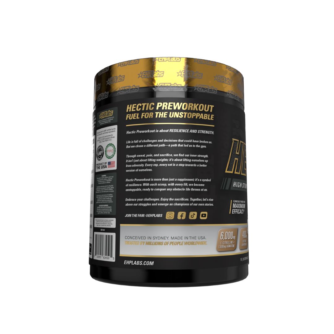EHP Labs HECTIC pre-workout supplement tub showing high-stimulant formula for energy, focus and pumps, available from Nutrition Capital Australia.