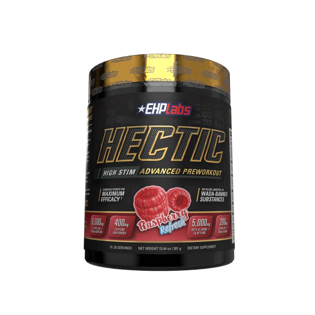 EHP Labs HECTIC pre-workout supplement tub showing high-stimulant formula for energy, focus and pumps, available from Nutrition Capital Australia.