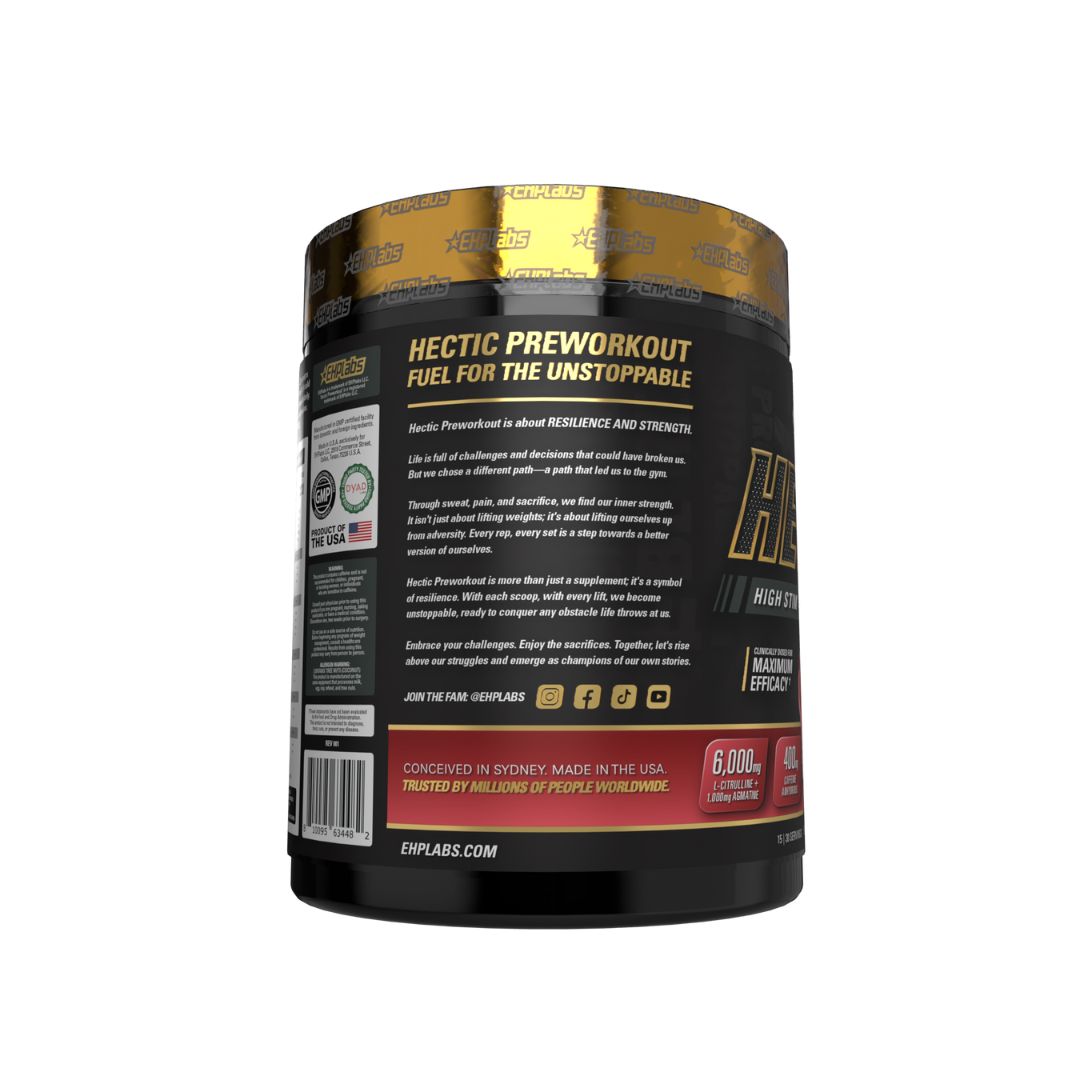 EHP Labs HECTIC pre-workout supplement tub showing high-stimulant formula for energy, focus and pumps, available from Nutrition Capital Australia.