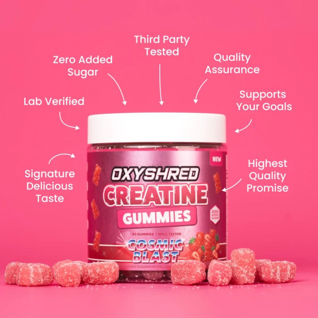 EHP Labs OxyShred Creatine Gummies 90-count tub with 3g creatine monohydrate per serve and zero added sugar