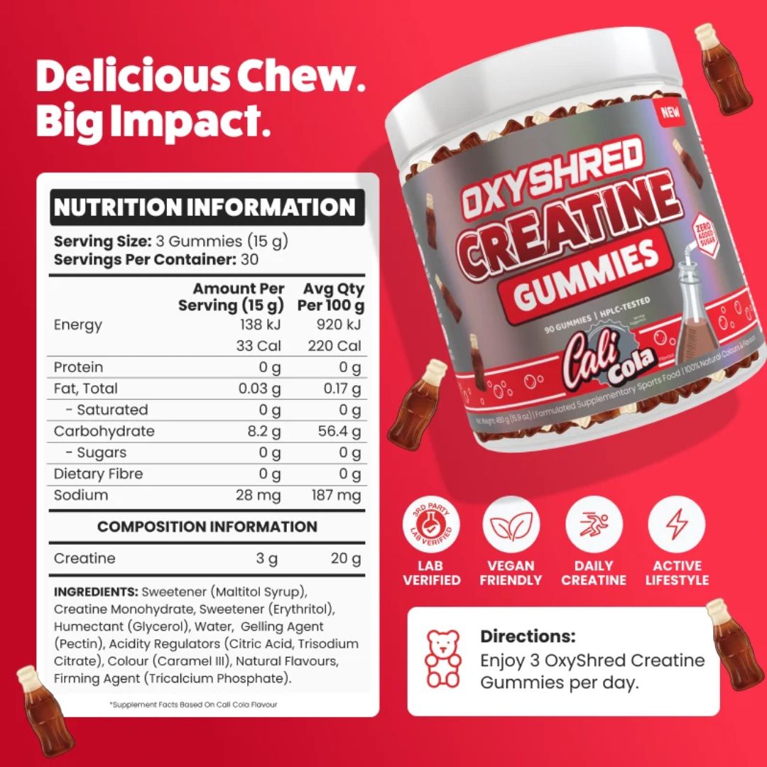 EHP Labs OxyShred Creatine Gummies 90-count tub with 3g creatine monohydrate per serve and zero added sugar