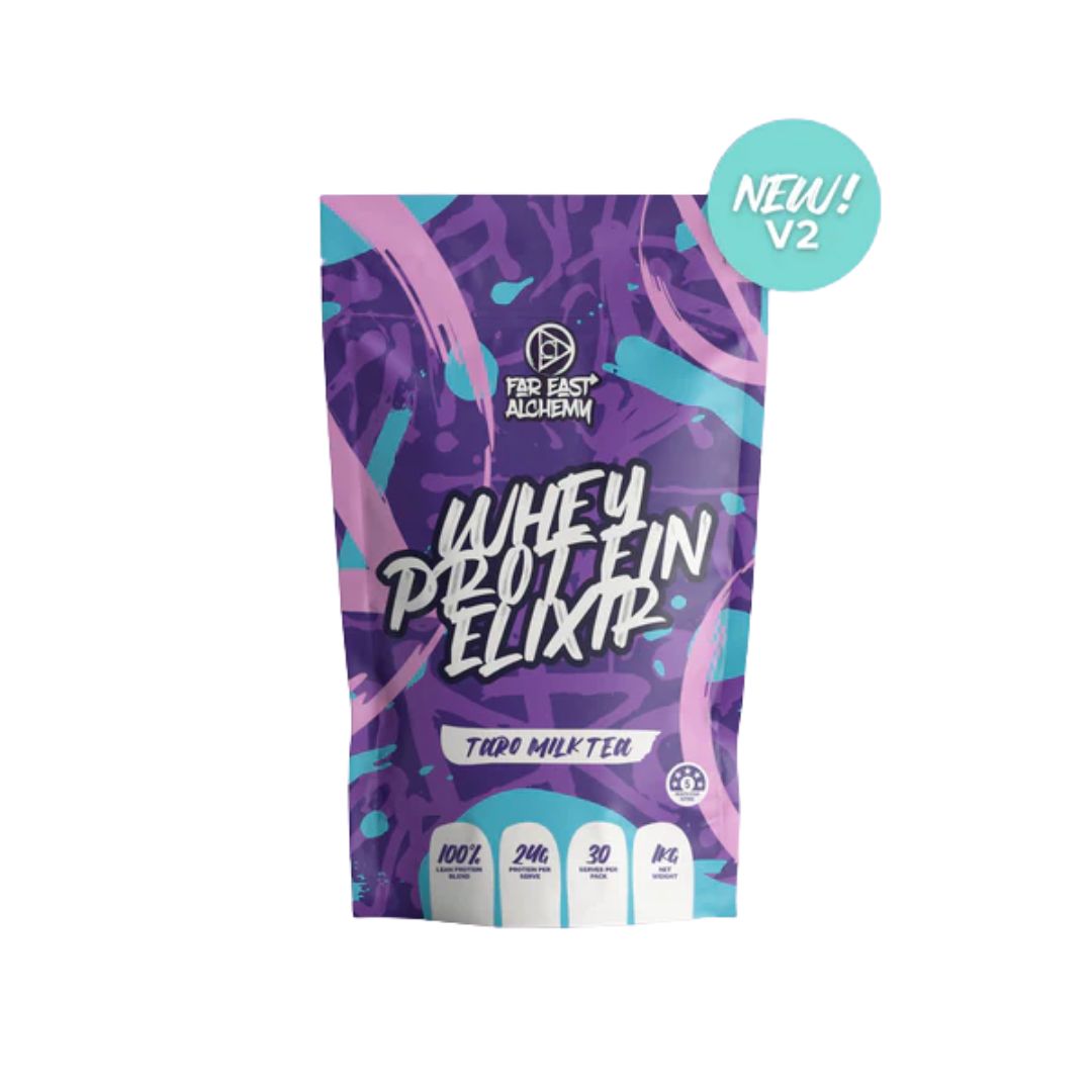 Far East Alchemy Whey Protein powder in Asian-inspired milk tea flavours made with premium Australian grass-fed whey protein and added lactase enzymes.
