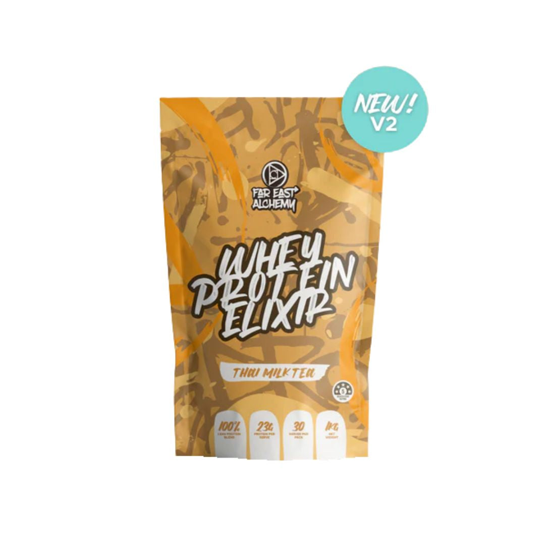 Far East Alchemy Whey Protein powder in Asian-inspired milk tea flavours made with premium Australian grass-fed whey protein and added lactase enzymes.