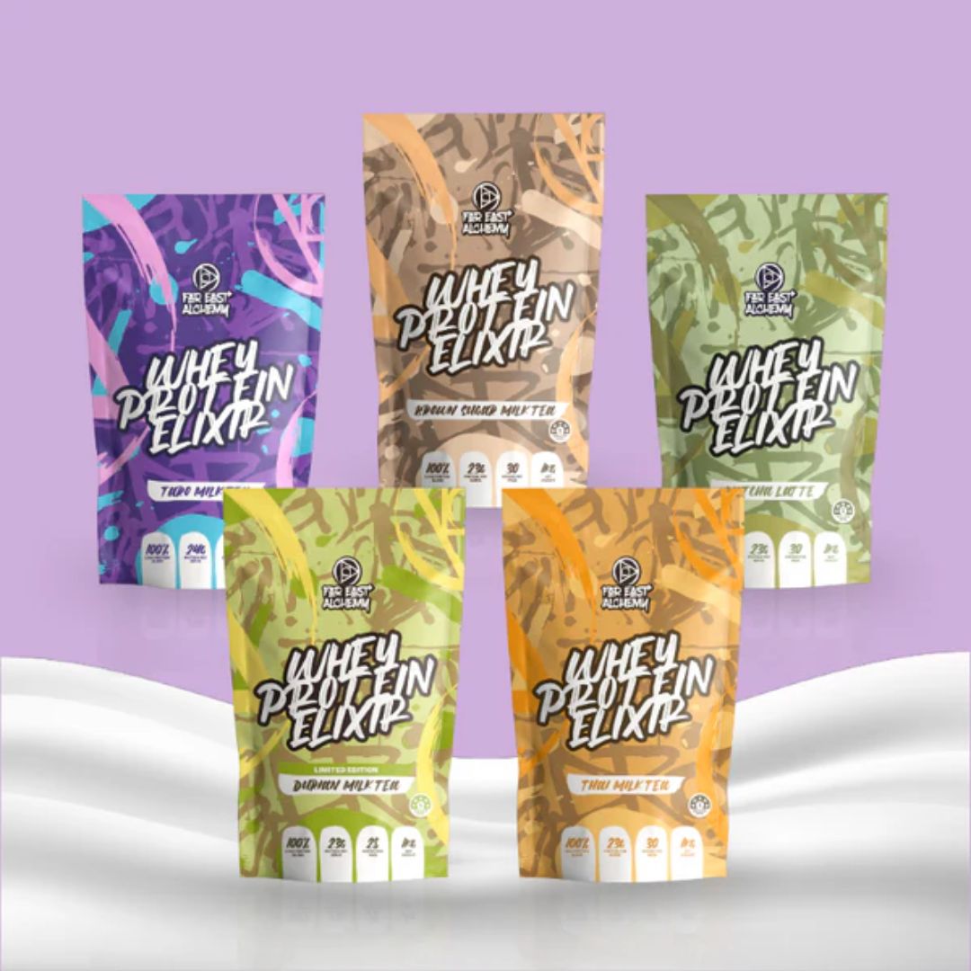 Far East Alchemy Whey Protein powder in Asian-inspired milk tea flavours made with premium Australian grass-fed whey protein and added lactase enzymes.