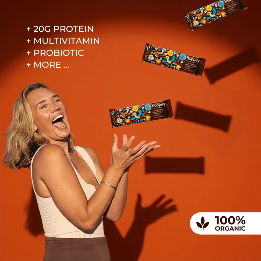 Happify Organic Protein Bar with 20g plant-based protein, certified organic ingredients, prebiotics and probiotics available at Nutrition Capital.