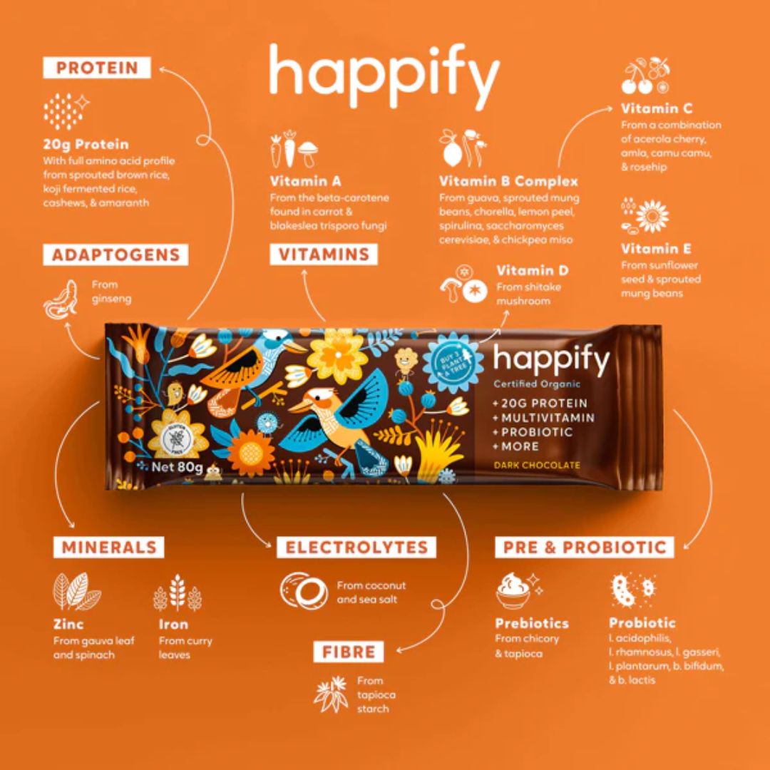 Happify Organic Protein Bar with 20g plant-based protein, certified organic ingredients, prebiotics and probiotics available at Nutrition Capital.