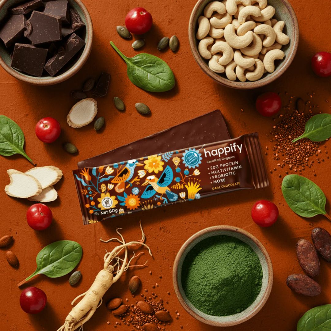 Happify Organic Protein Bar with 20g plant-based protein, certified organic ingredients, prebiotics and probiotics available at Nutrition Capital.