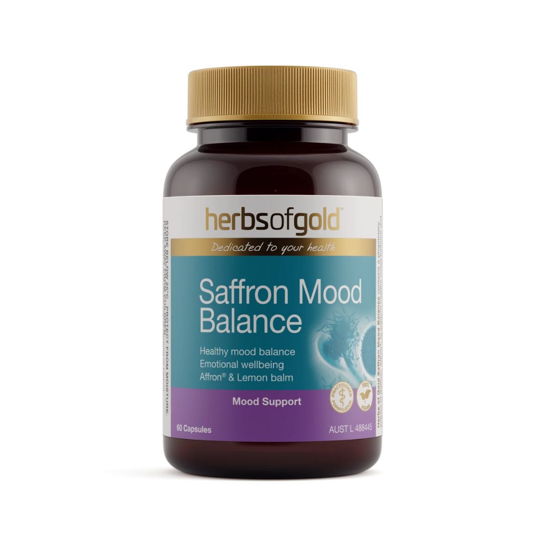 Herbs of Gold Saffron Mood Balance bottle featuring Affron® Saffron and Lemon balm for natural healthy mood support – Nutrition Capital