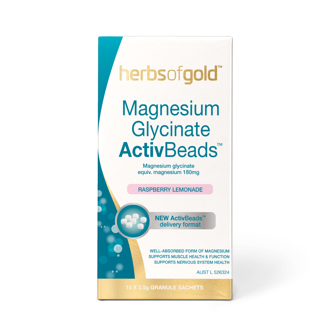 Herbs of Gold Magnesium Glycinate ActivBeads Raspberry Lemonade magnesium glycinate 180mg sachets