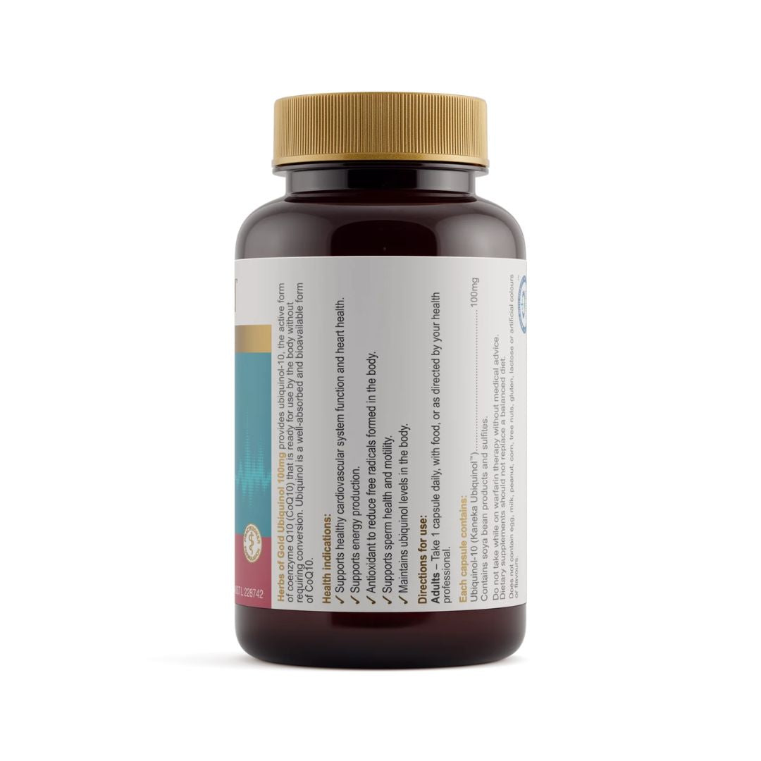Herbs of Gold Ubiquinol 100mg capsules with bioavailable coenzyme Q10 for cardiovascular support