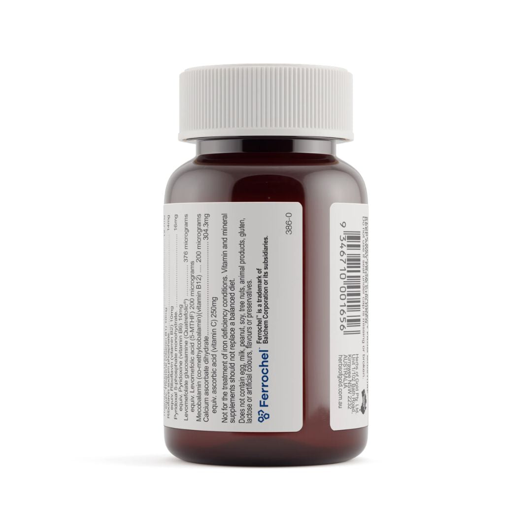 Herbs of Gold Organic Iron MAX bottle – 30 capsules of gentle, bioavailable iron supplement with activated B vitamins and vitamin C – Available in Australia with fast delivery