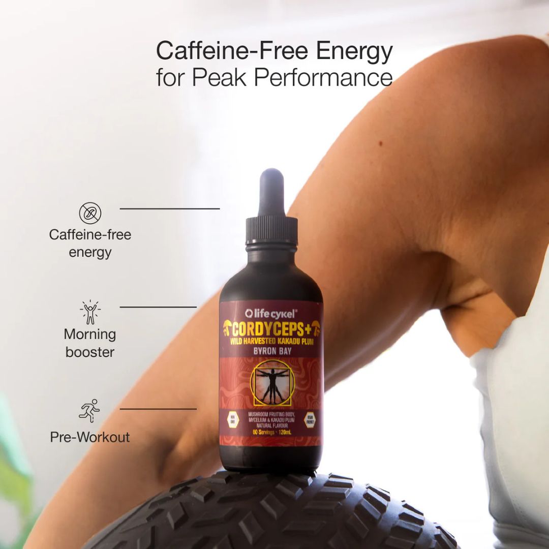 Lifecykel Cordyceps Mushroom Liquid Extract bottle – natural caffeine-free energy and performance supplement from Nutrition Capital, tested for purity and quality