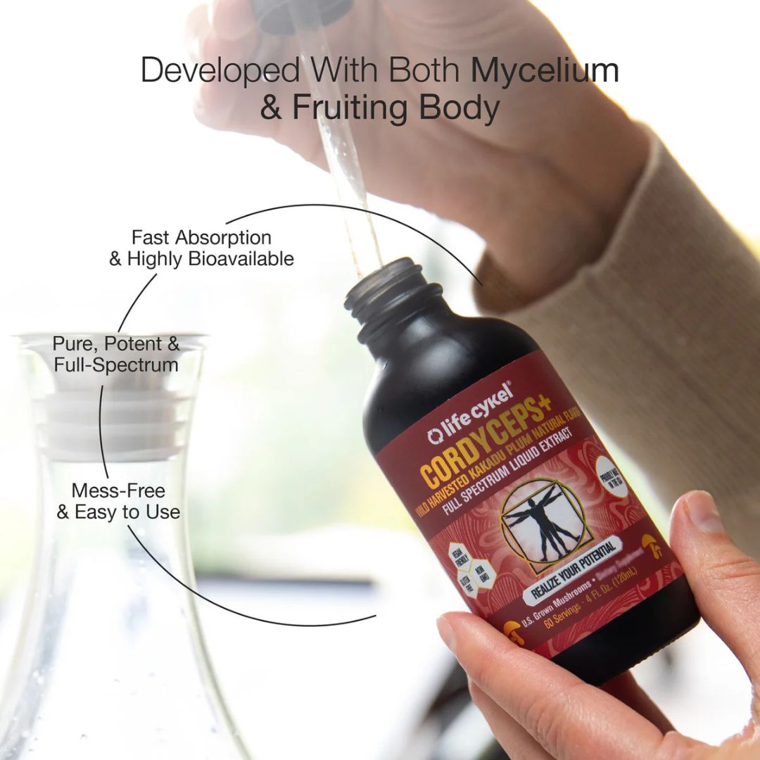 Lifecykel Cordyceps Mushroom Liquid Extract bottle – natural caffeine-free energy and performance supplement from Nutrition Capital, tested for purity and quality