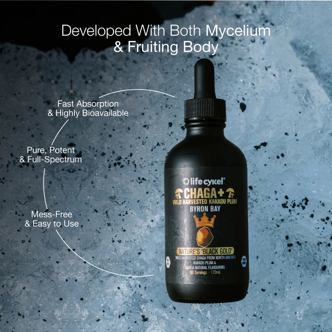 Lifecykel Chaga Mushroom Liquid Extract bottle by Nutrition Capital – natural vitality supplement rich in antioxidants for daily balance and wellbeing.