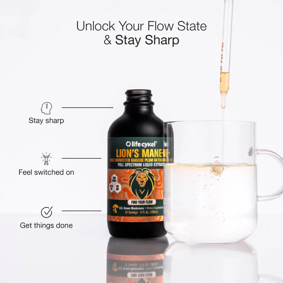 Lion’s Mane mushroom liquid extract bottle from Lifecykel displayed for mental clarity and focus support – premium supplement at Nutrition Capital.