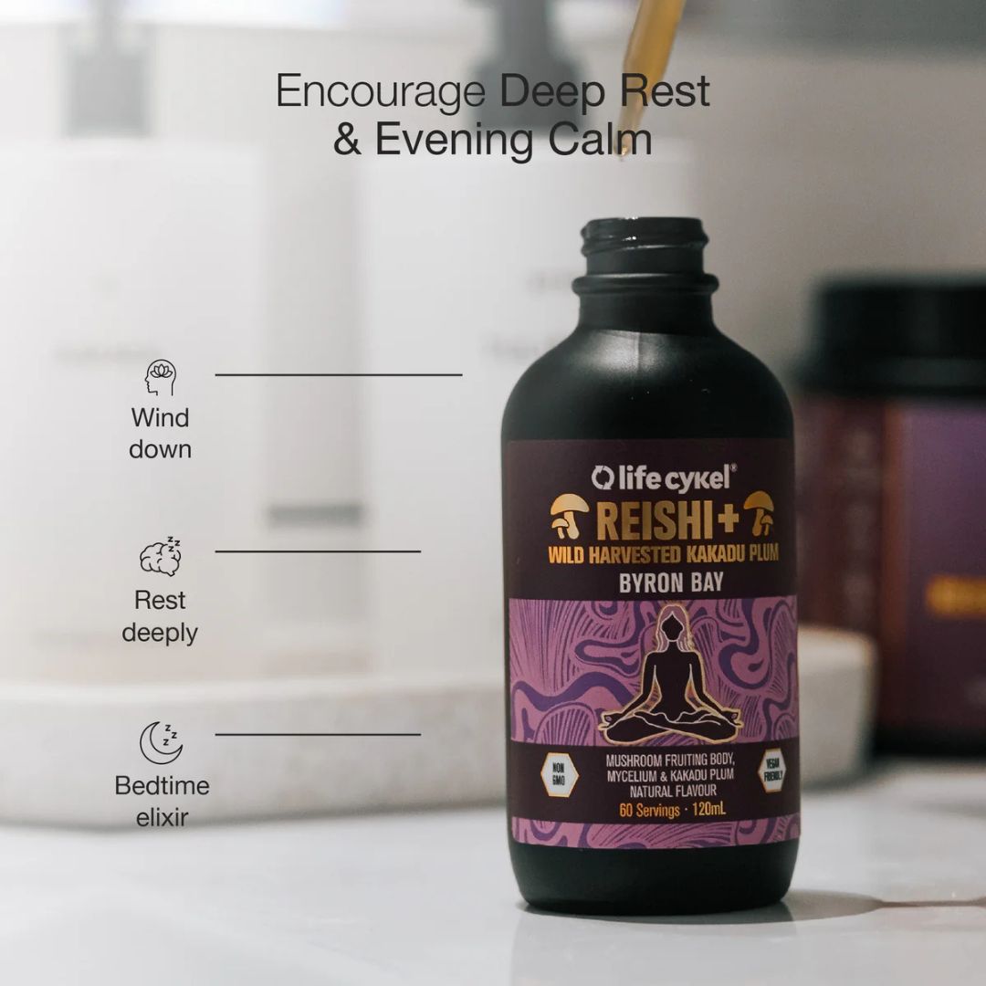 Lifecykel Reishi Mushroom Liquid Extract bottle – calming adaptogenic supplement for relaxation and restful sleep, available at Nutrition Capital Australia.