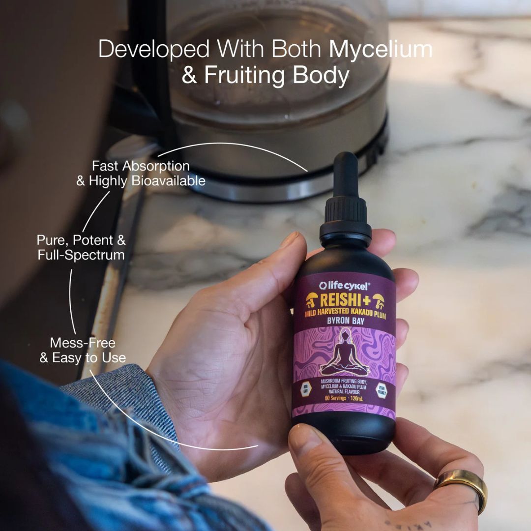 Lifecykel Reishi Mushroom Liquid Extract bottle – calming adaptogenic supplement for relaxation and restful sleep, available at Nutrition Capital Australia.