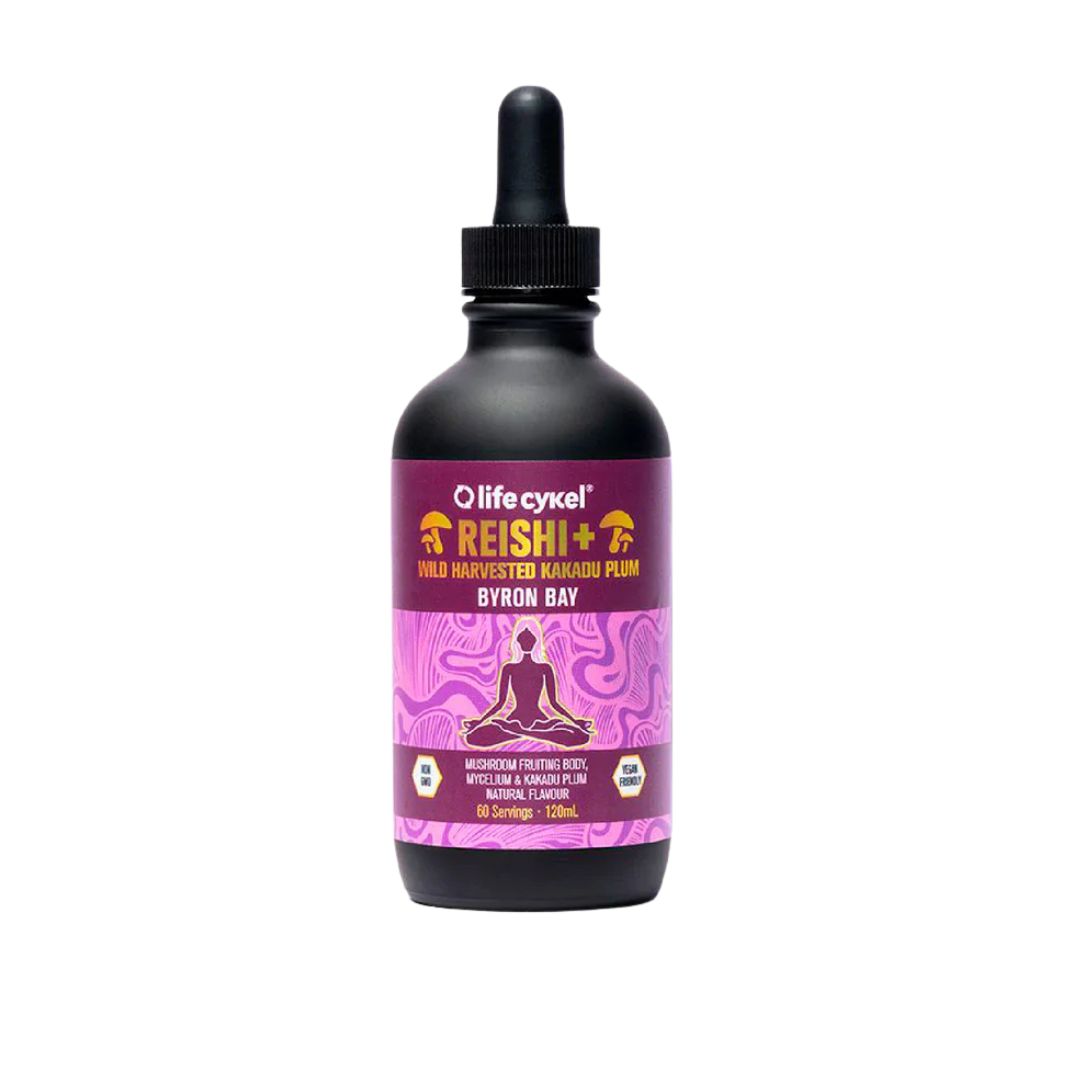 Lifecykel Reishi Mushroom Liquid Extract bottle – calming adaptogenic supplement for relaxation and restful sleep, available at Nutrition Capital Australia.