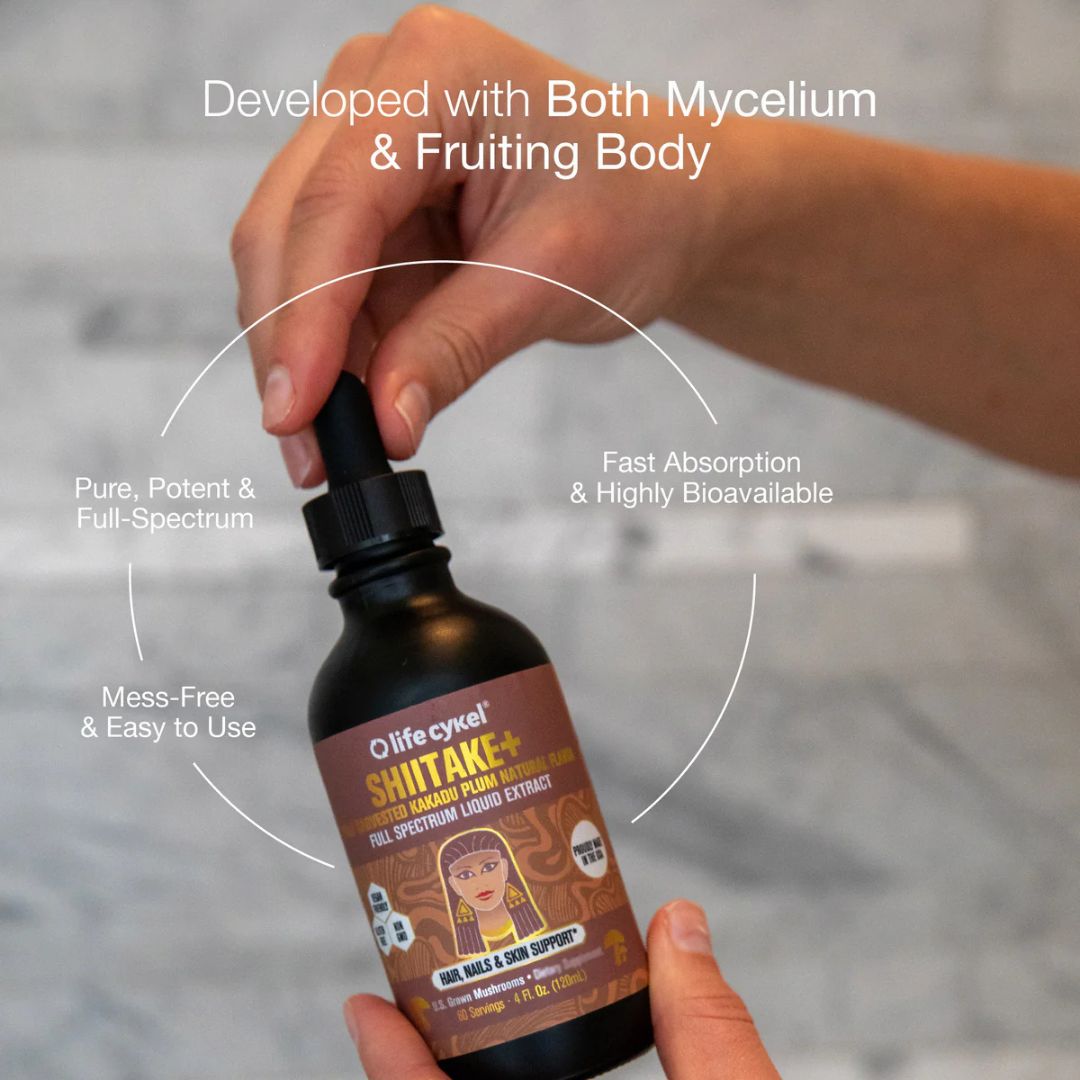 Lifecykel Shiitake Mushroom Liquid Extract bottle – natural beauty support supplement for skin and hair vitality