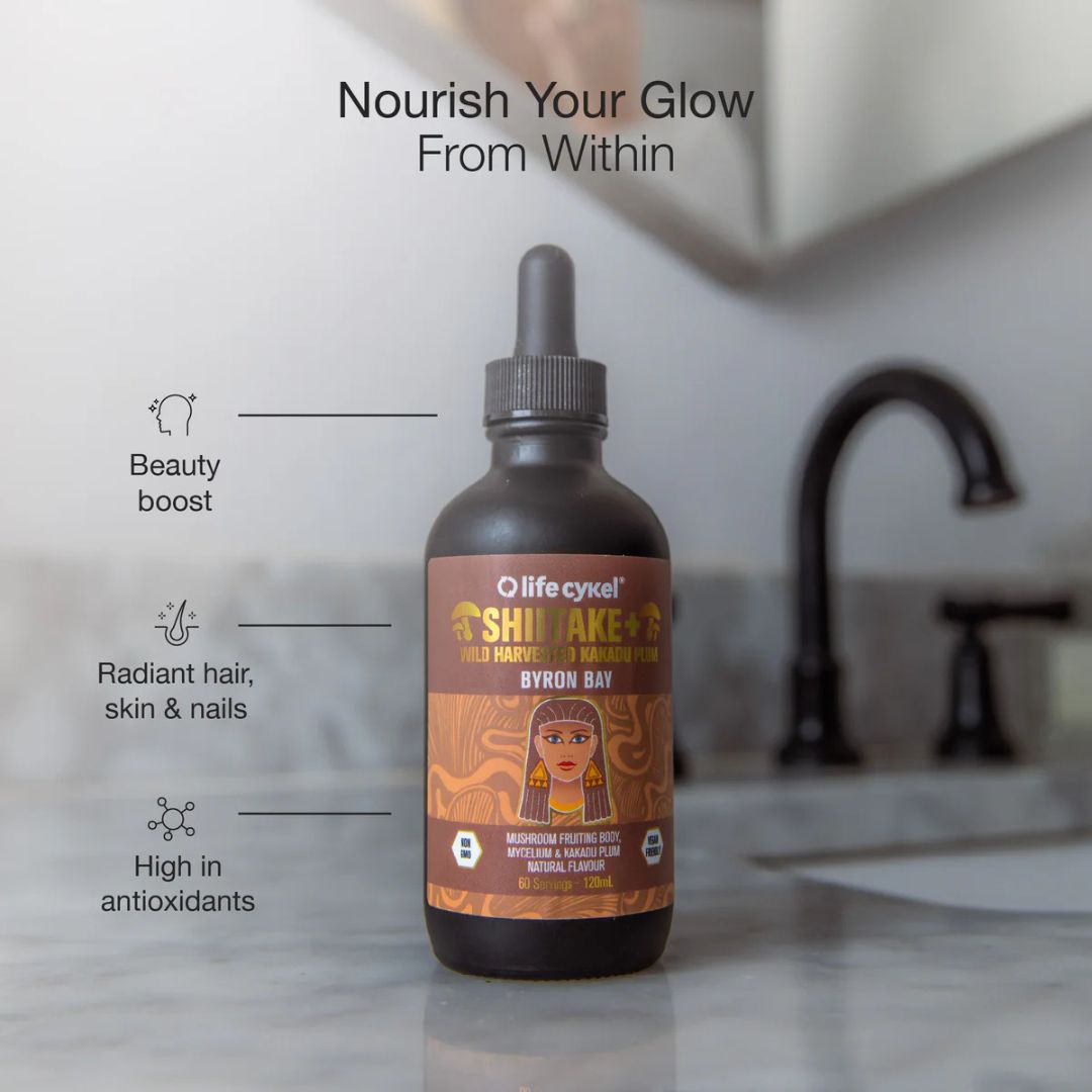 Lifecykel Shiitake Mushroom Liquid Extract bottle – natural beauty support supplement for skin and hair vitality
