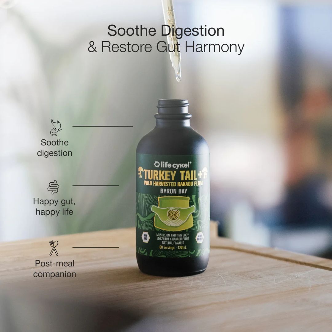 Turkey Tail mushroom liquid extract bottle by Lifecykel – premium gut-support supplement sold by Nutrition Capital