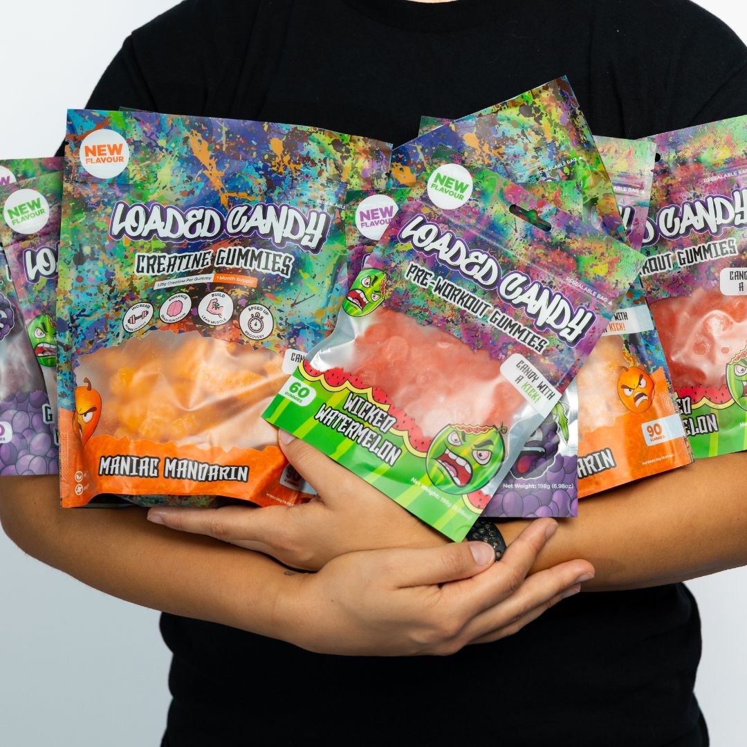 Loaded Candy pre-workout gummies with caffeine and L-tyrosine for energy and focus, chewable supplement for gym and training sessions