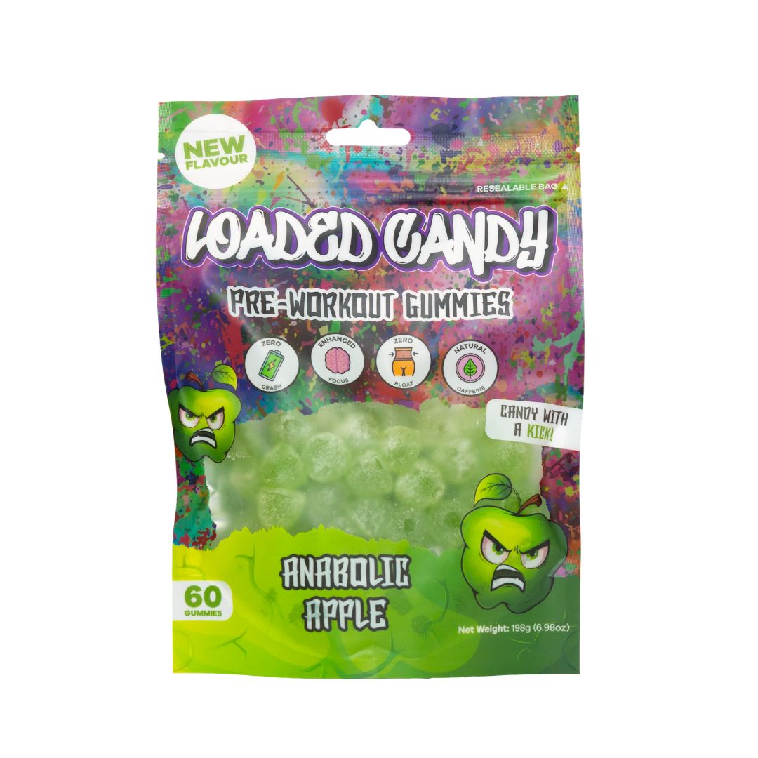 Loaded Candy pre-workout gummies with caffeine and L-tyrosine for energy and focus, chewable supplement for gym and training sessions