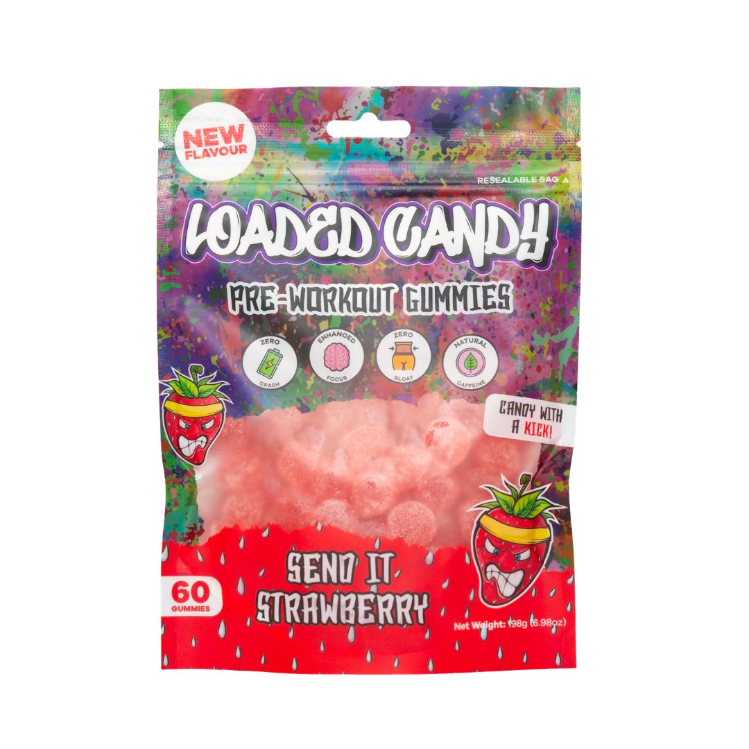 Loaded Candy pre-workout gummies with caffeine and L-tyrosine for energy and focus, chewable supplement for gym and training sessions