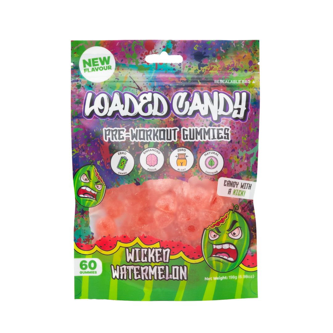 Loaded Candy pre-workout gummies with caffeine and L-tyrosine for energy and focus, chewable supplement for gym and training sessions