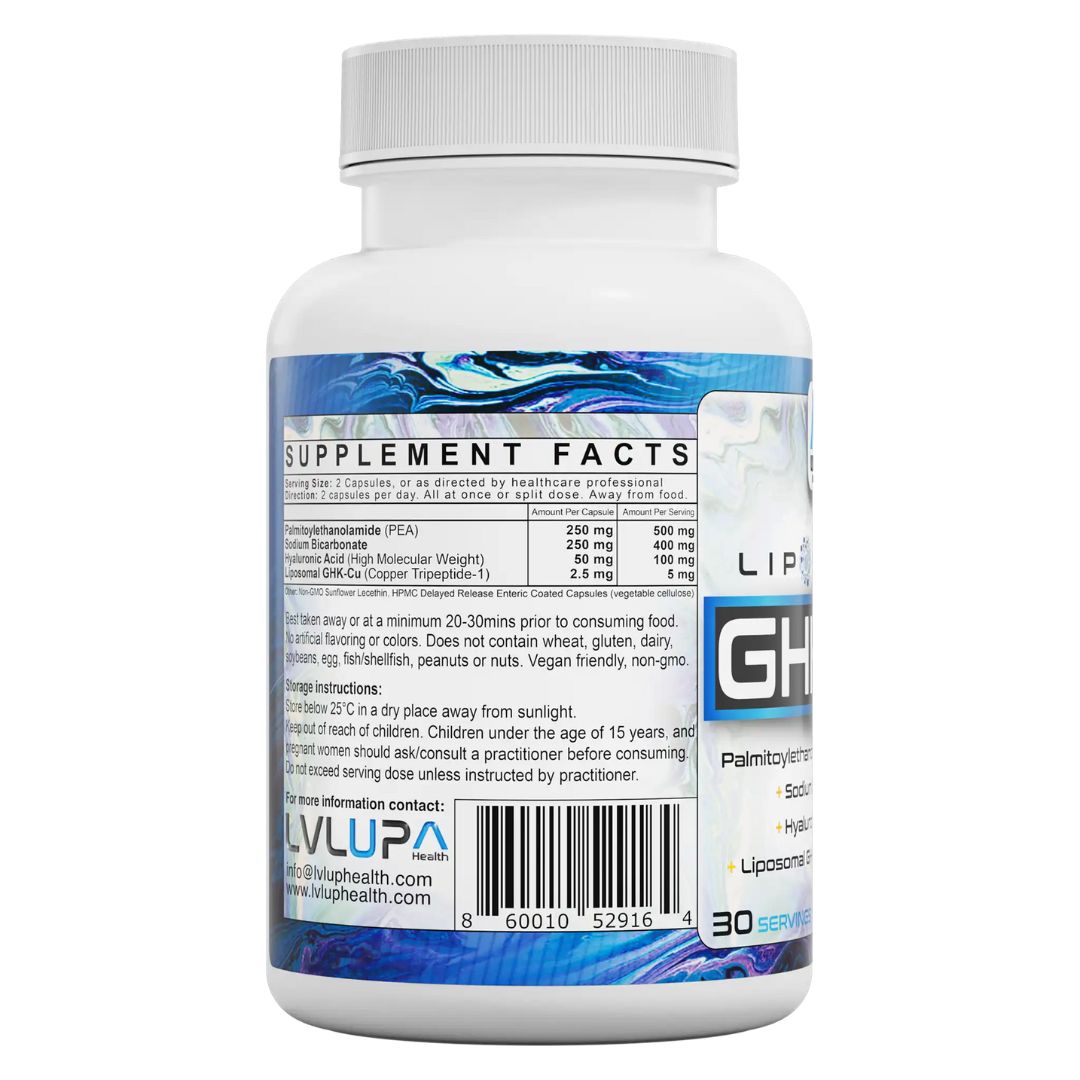 LVLUP Health GHK-Cu liposomal copper peptide capsules for collagen and tissue support, available from Nutrition Capital Australia