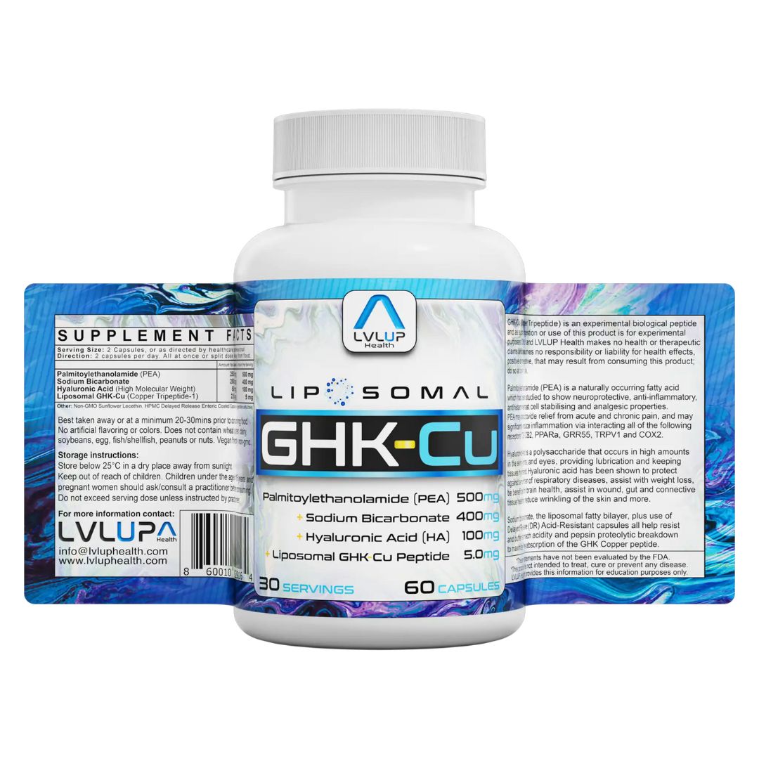 LVLUP Health GHK-Cu liposomal copper peptide capsules for collagen and tissue support, available from Nutrition Capital Australia