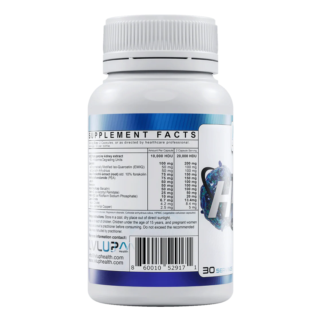 LVLUP Health Hista-Resist supplement bottle for healthy histamine metabolism with DAO2 enzyme and botanical polyphenols – available at Nutrition Capital.
