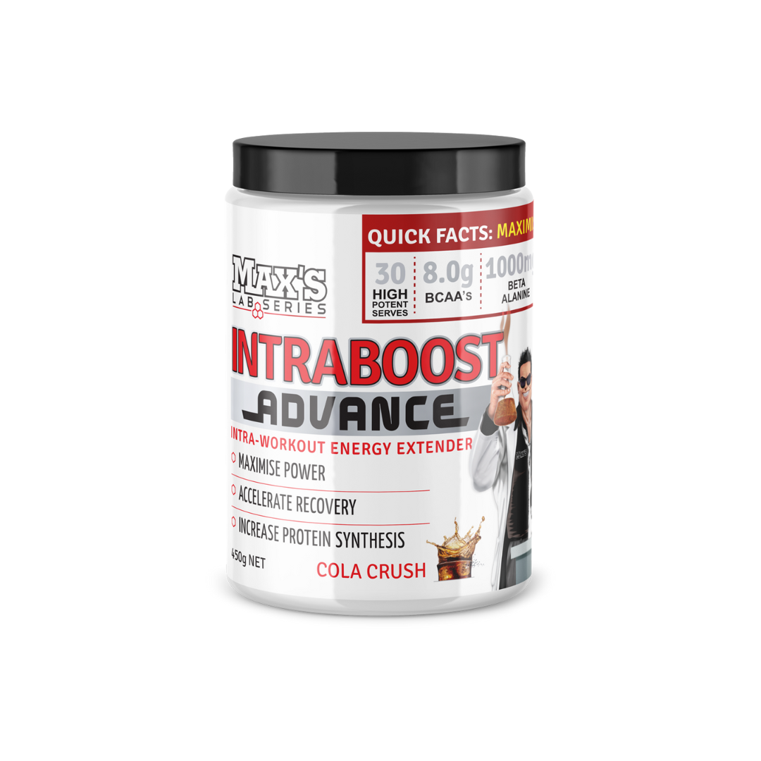 Max's Intraboost Advance intra-workout supplement tub featuring BCAAs, electrolytes, and recovery support – Available in Australia with fast delivery.

