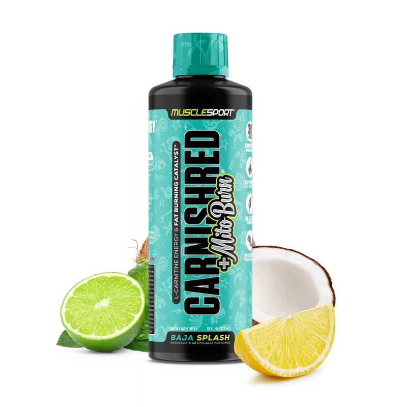 MuscleSport CarniShred + Mitoburn liquid fat burner bottle – stimulant-free formula with L-Carnitine and trademarked ingredients – Available in Australia with fast delivery.