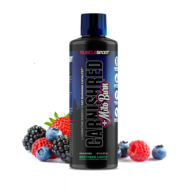MuscleSport CarniShred + Mitoburn liquid fat burner bottle – stimulant-free formula with L-Carnitine and trademarked ingredients – Available in Australia with fast delivery.