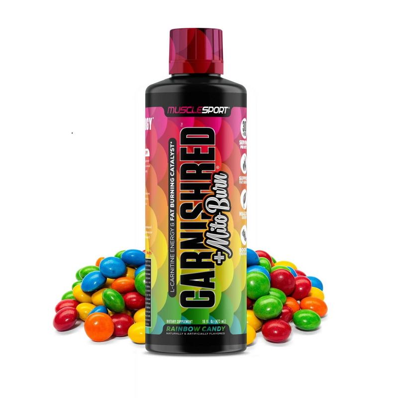 MuscleSport CarniShred + Mitoburn liquid fat burner bottle – stimulant-free formula with L-Carnitine and trademarked ingredients – Available in Australia with fast delivery.