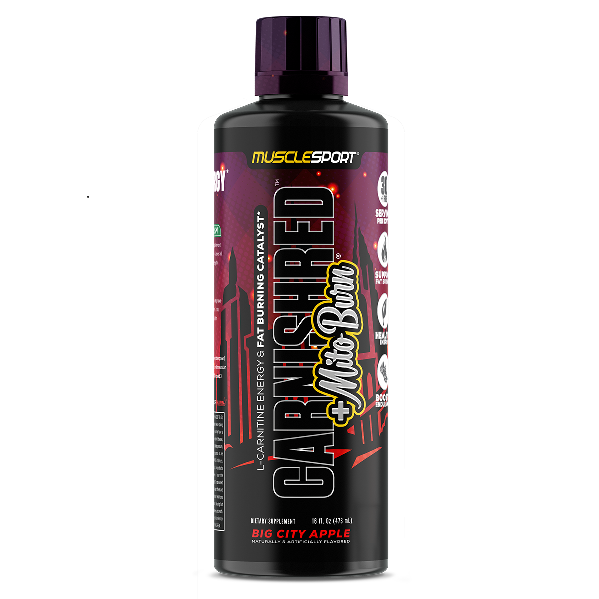 MuscleSport CarniShred + Mitoburn liquid fat burner bottle – stimulant-free formula with L-Carnitine and trademarked ingredients – Available in Australia with fast delivery.