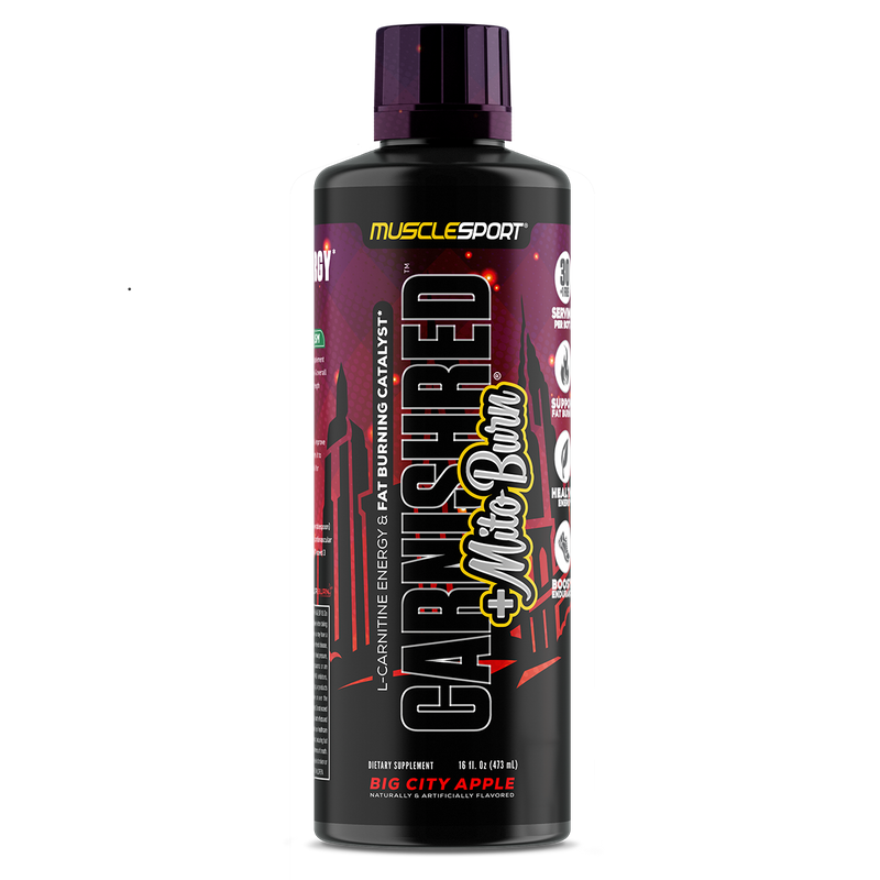 MuscleSport CarniShred + Mitoburn liquid fat burner bottle – stimulant-free formula with L-Carnitine and trademarked ingredients – Available in Australia with fast delivery.