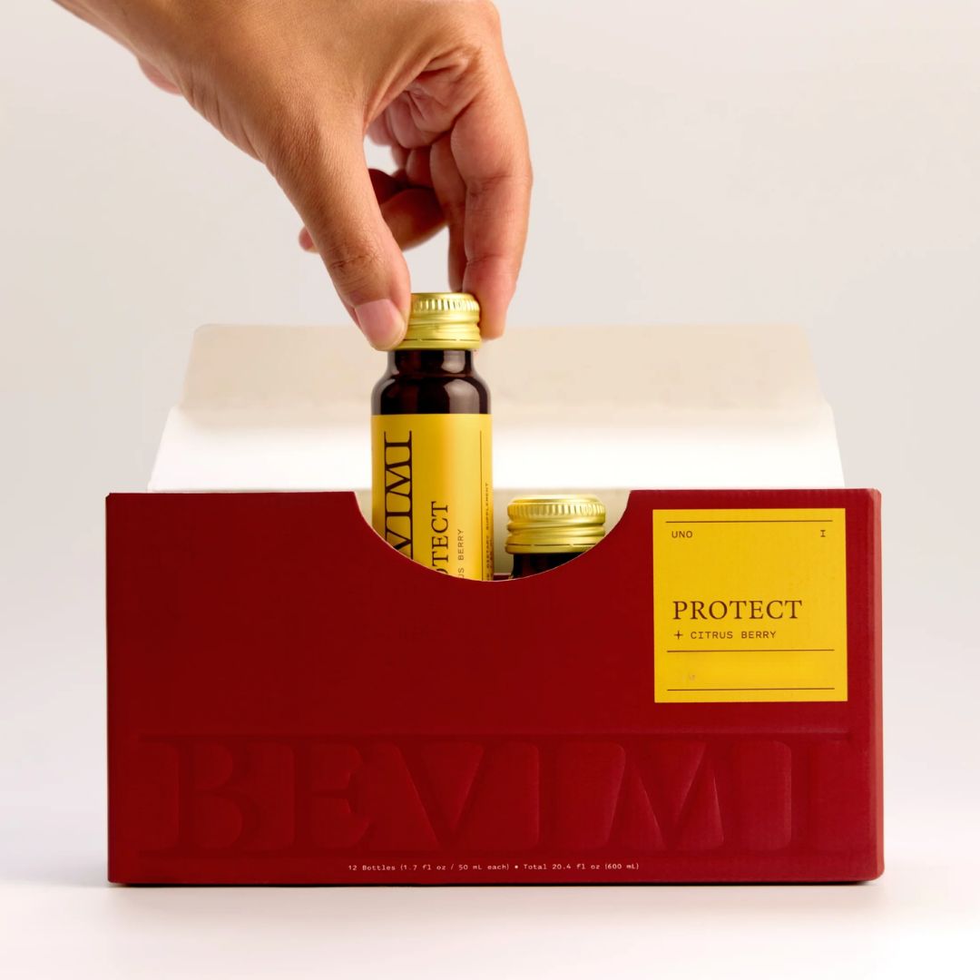 My Bevimi Uno Protect 50ml liquid supplement bottle, 12-bottle pack with nutrition supplement packaging