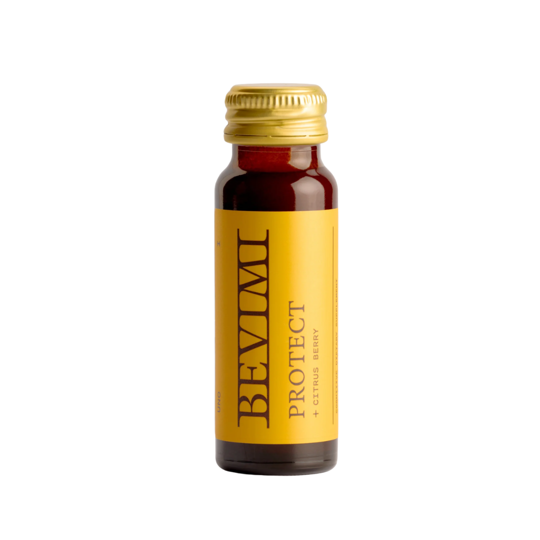 My Bevimi Uno Protect 50ml liquid supplement bottle, 12-bottle pack with nutrition supplement packaging