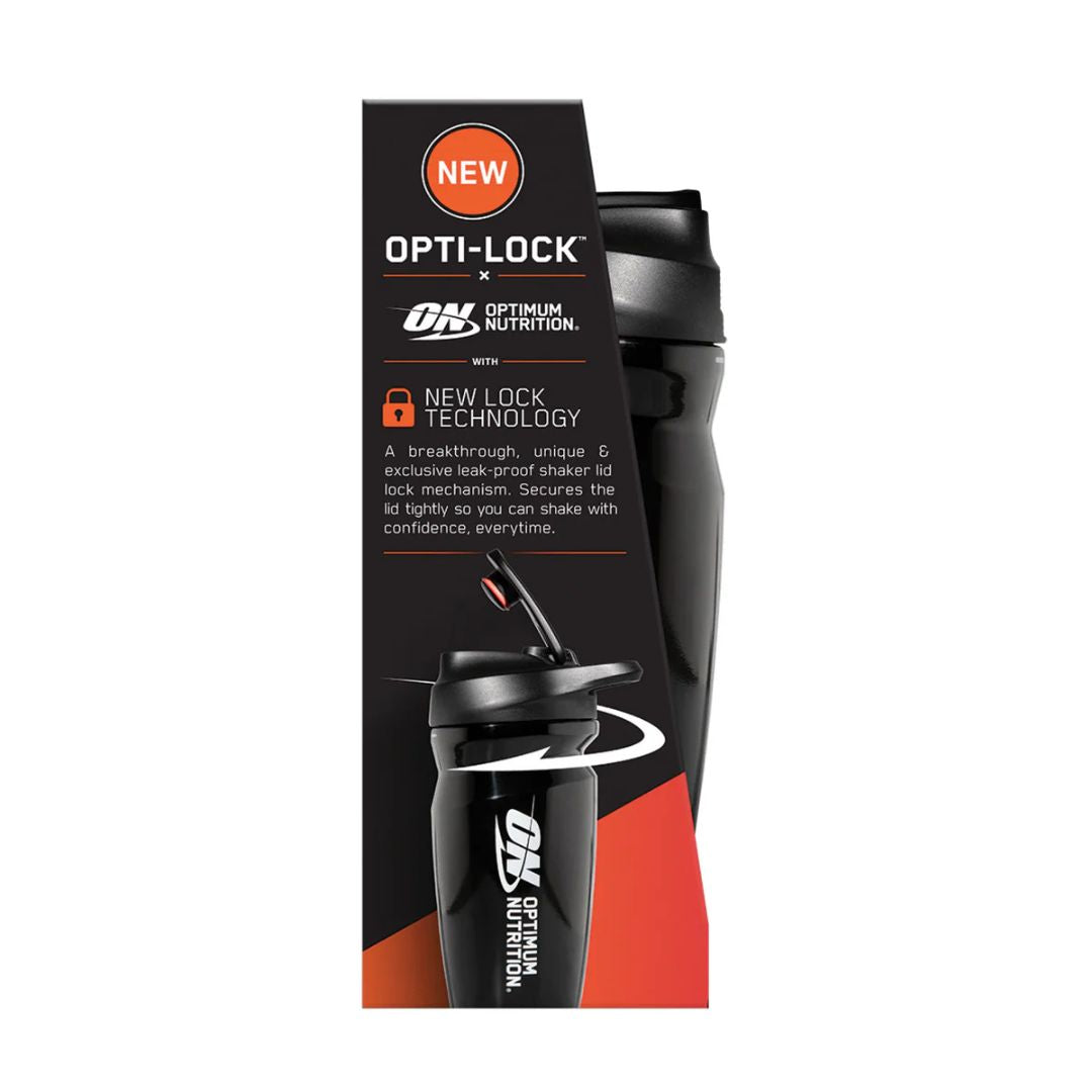 Opti-Lock™ Shaker by Optimum Nutrition – leak-proof protein shaker with snap-fit agitator, flip cap, and integrated carrying loop